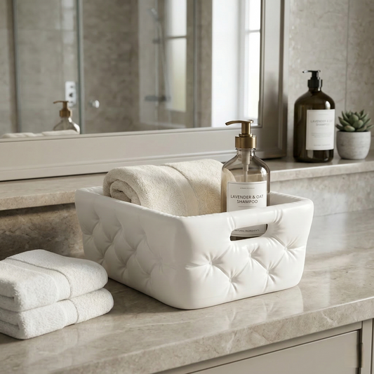 Cesto Decorativo Coquette – Design Acolchoado Capitoné Branco
