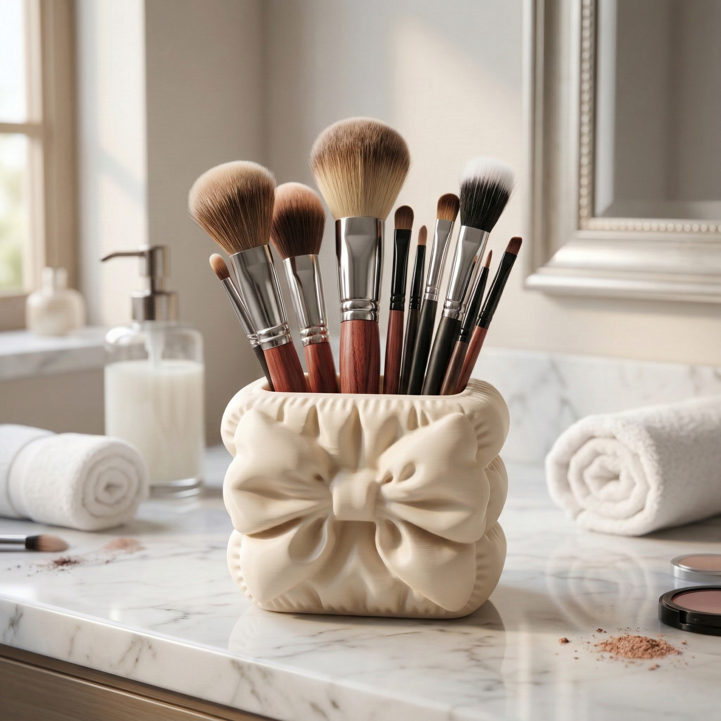 Porta-canetas bege com design de laço estilo puff organizador na sua casa de banho