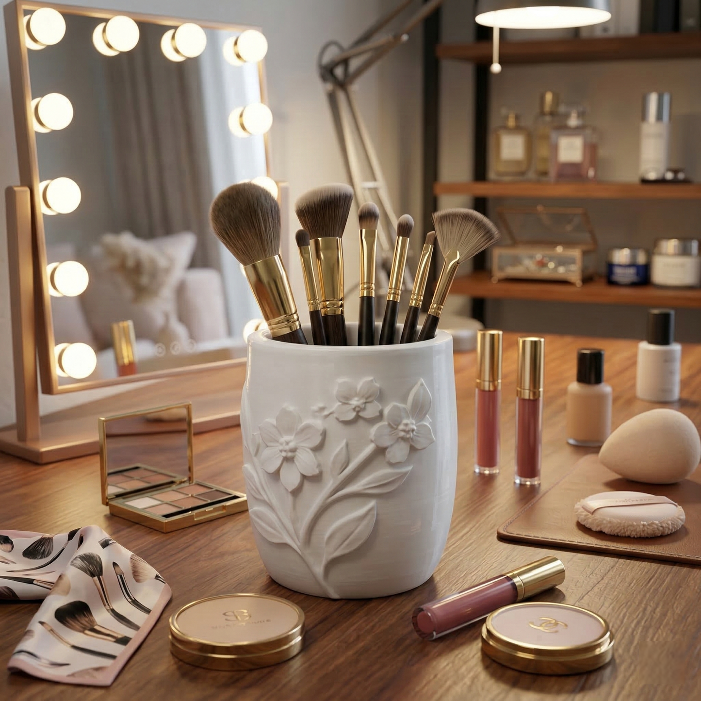 Porta-Pincéis e Canetas Floral Relief – Estética Coquette & Vintage White